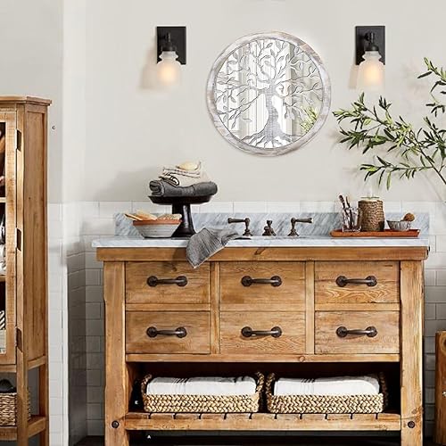 Miniatura 5 de Espejo de pared redondo rústico de granja, espejo colgante decorativo de árbol de la vida, espejos circulares de madera blanca para decoración de
