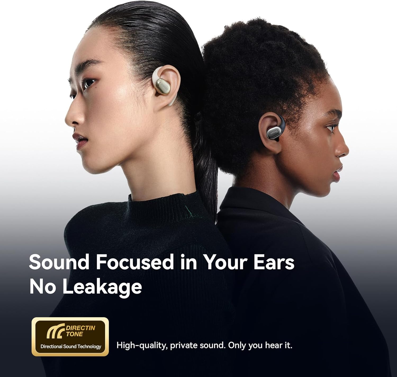 Two people wearing Sanag C16S headphones, illustrating sound focus