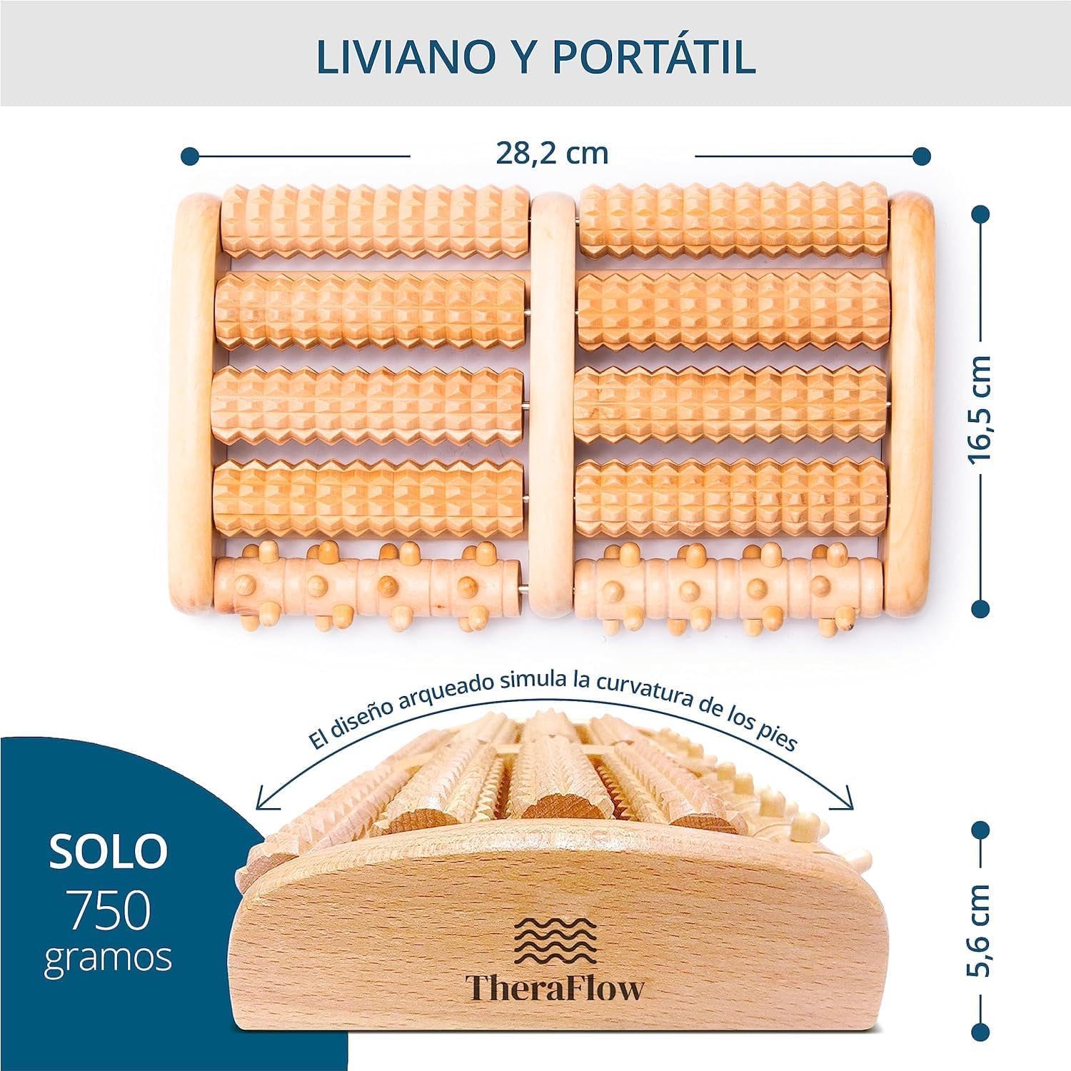 TheraFlow Masajeador de pies doble talla L – Acupresión Shiatsu Original – Alivio Fasciitis plantar – Esquema reflexología plantar/manual de instrucciones – Madera