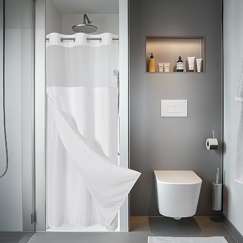 Miniatura 49 de Cortina de ducha gris extralarga sin gancho con tejido de gofre y forro a presión reemplazable, 230GSM, cortina de ducha impermeable para hotel y