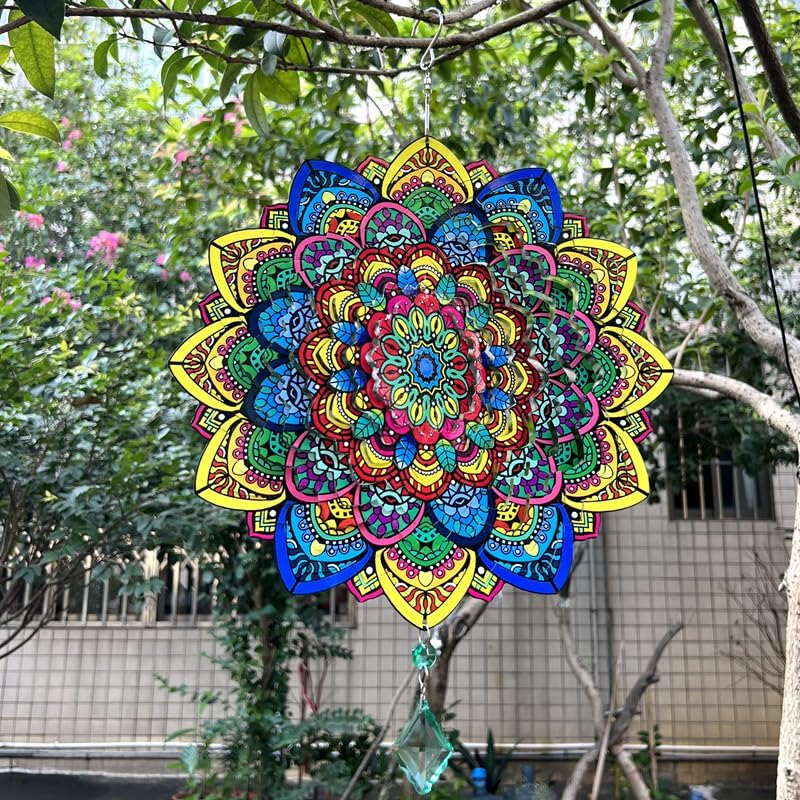 HZSprance Molinillo de viento con diseño de mandala, escultura de jardín de acero inoxidable 3D de 12 pulgadas, para colgar en el patio, decoración