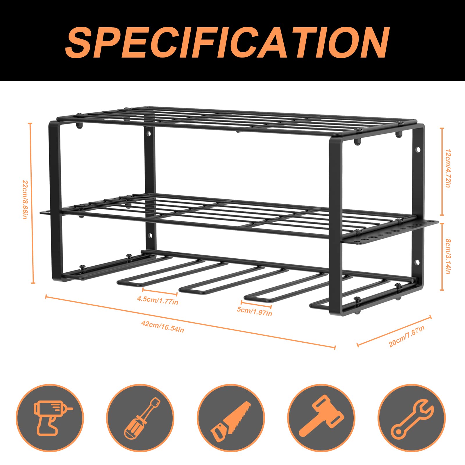Organizer per utensili elettrici, organizer per attrezzi da garage e stoccaggio, supporto da parete per trapano, ripiano per attrezzi in metallo resistente, scaffale per attrezzi per trapano