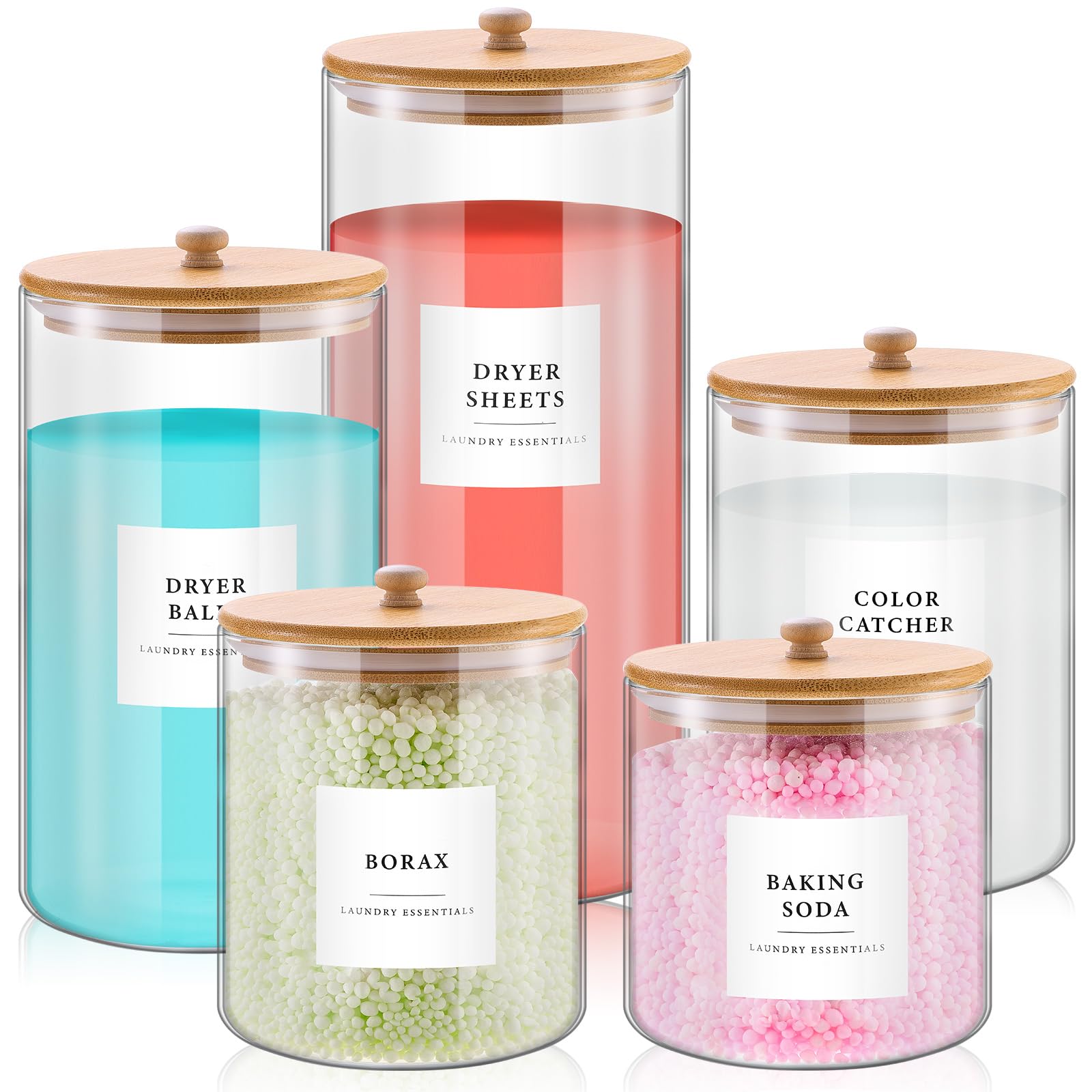 Tioncy 5 Pack Laundry Room Organization Dryer Sheet Holder Laundry Pods Container Clothes Detergent Container Jars with Lids Labels for Detergent Scent Booster Beads
