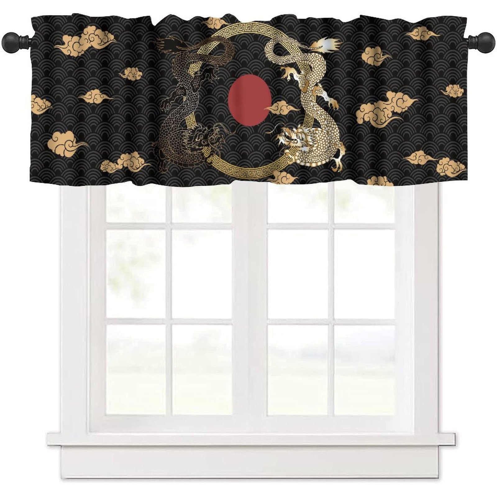 moderw Asian Dragon Valance Curtains, Oriental Chinese Japanese Vintage Traditional Style Sun Cloud Window Treatment Valance for Farmhouse Dining Living Room Kitchen 54x18inch
