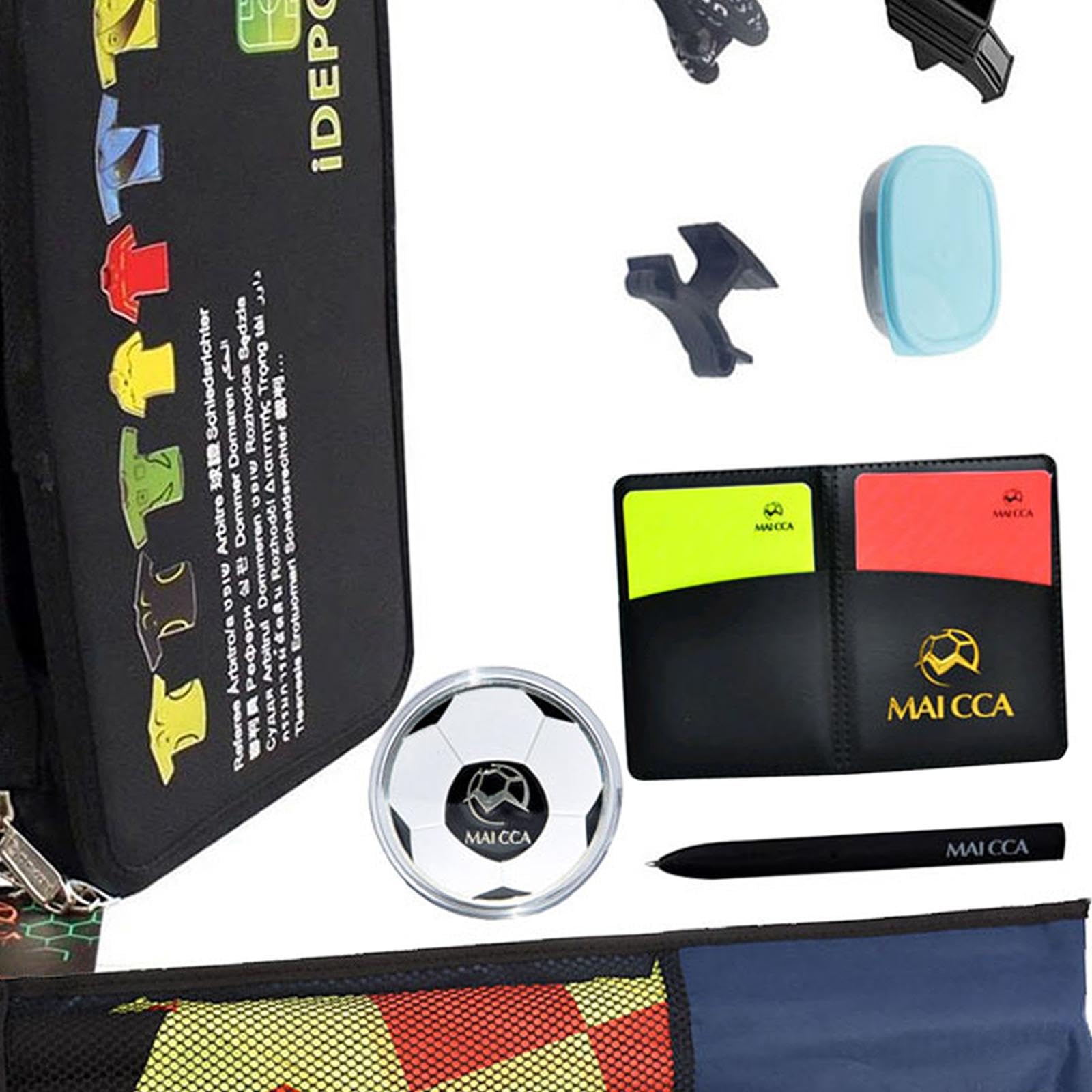 Soccer Referee Pouch Borsa Accessori Arbitro con Chiusura Lampo Fischietto Professionale Bandiera Linea Cartellini Rossi E Gialli Materiale Super