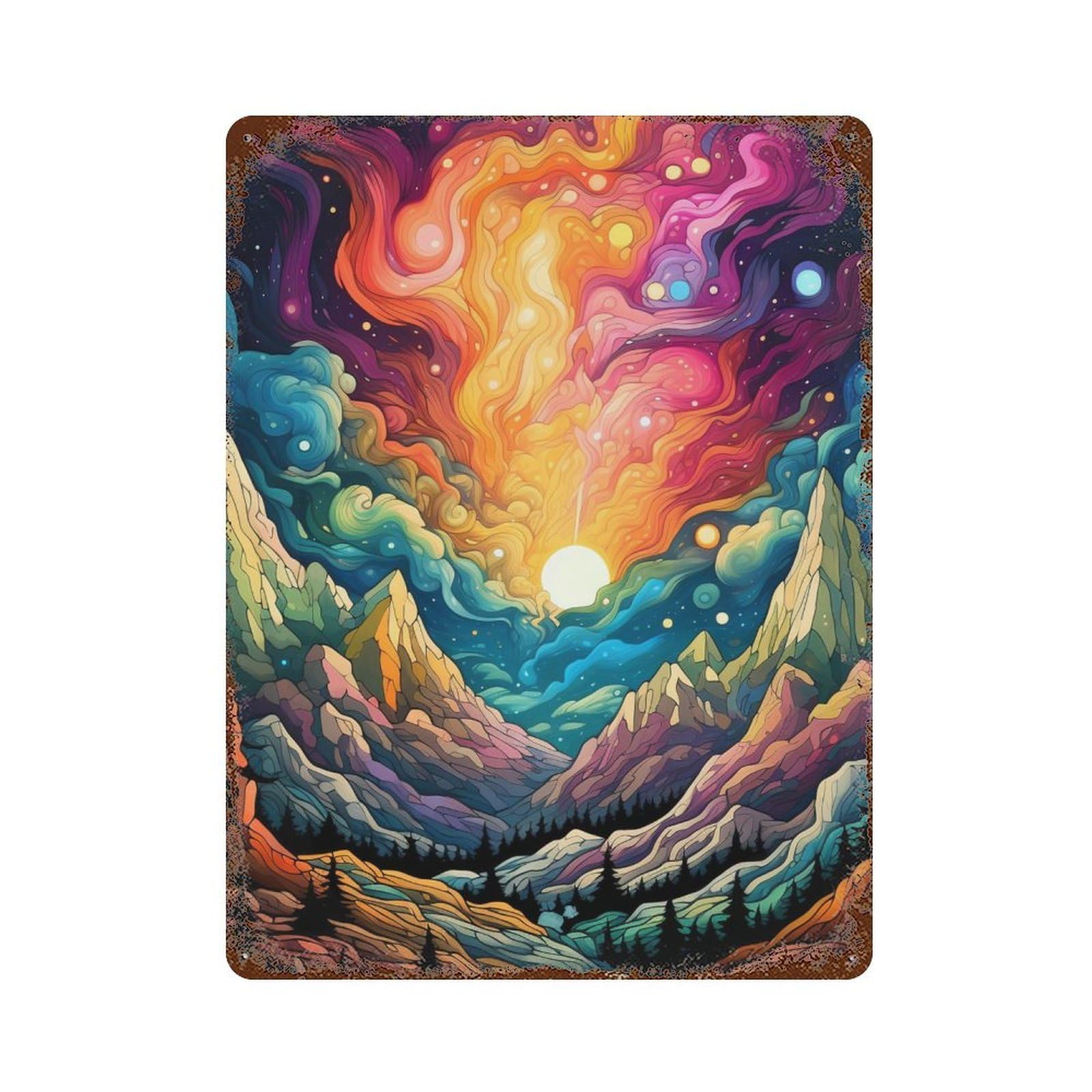 Rust Effect Colorful Cosmic Landscape Distressed Metal Wall Sign 15.7"x11.8", Shabby Chic Decor for Pub, Kitchen And Man Cave Decor