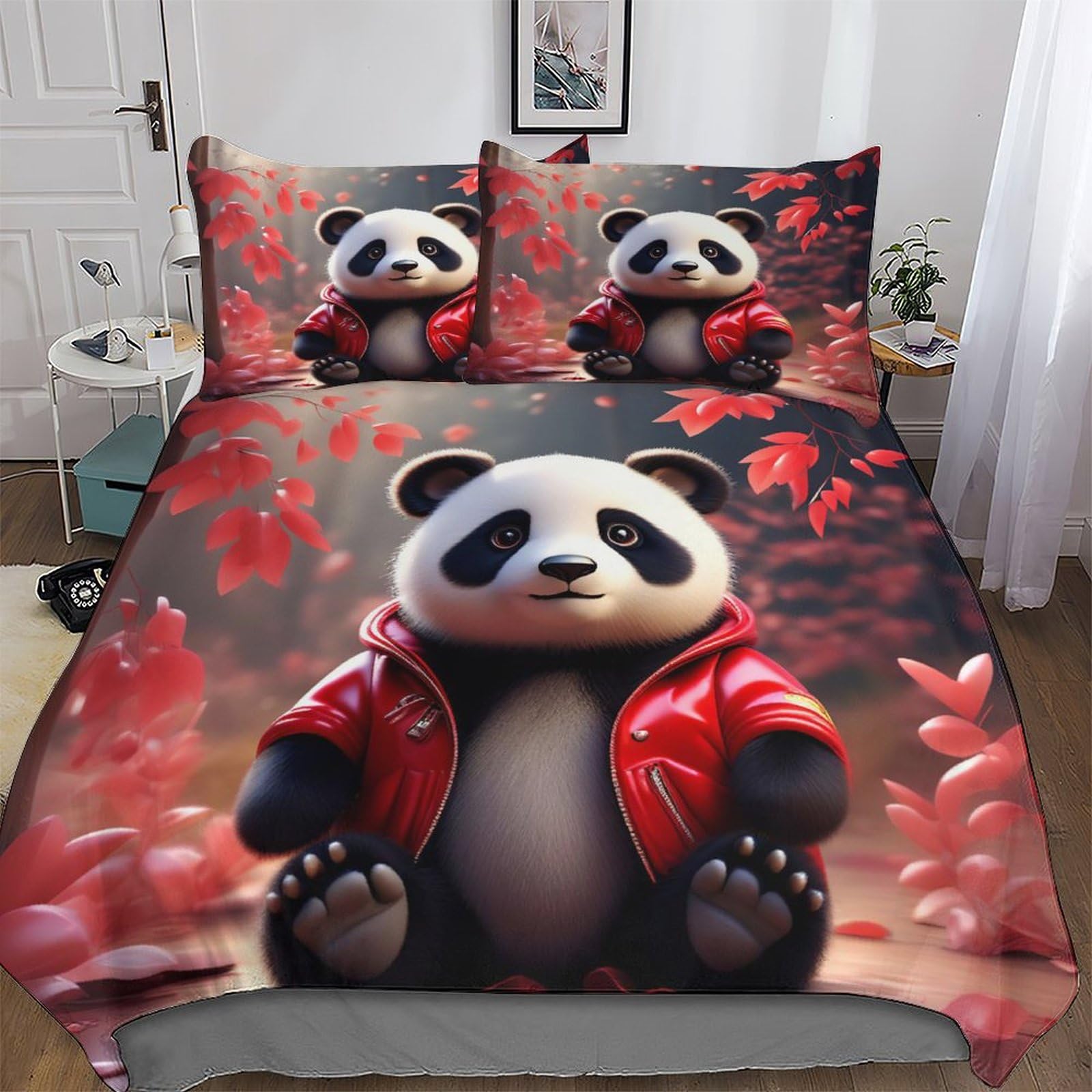 Housse de couette 220x240 panda avec taie d'oreiller microfibre douce 3D