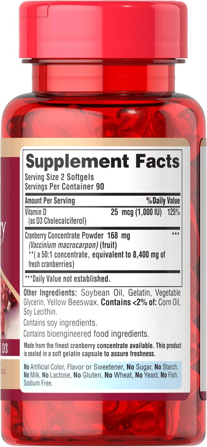 Puritan's Pride Cranberry Fruit Concentrate Plus Vitamin D3-180 Softgels : Health & Household