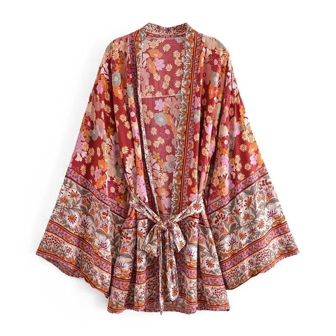 Wjnvfioo Kimono da donna vintage con stampa rossa e maniche a pipistrello con scollo a V bohémien