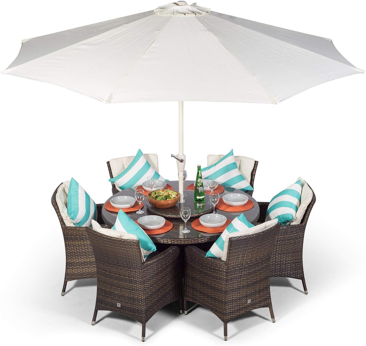 Savannah Rattan Dining Set | Round 6 Seater Brown Rattan Dining Set | Outdoor Poly Rattan Garden Table & Chairs Set | Patio Conservatory Wicker Garden Dining Furniture with Parasol & Cover