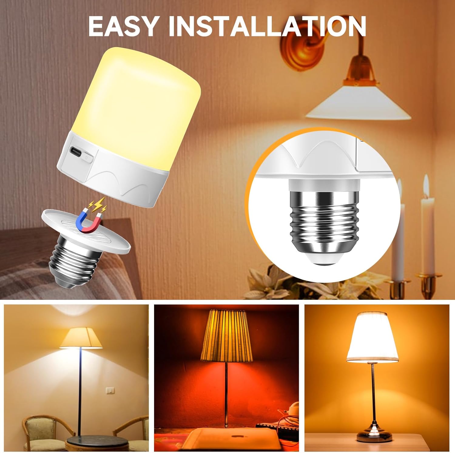 Rechargeable Light Bulbs for Non-Hardwired Fixtures, Battery Backup Bulb for Sconces and Lamps with Remote Timer, 3 Color Temps, Dimmer, Magnetic, E26 (2, 3 Color-E27)