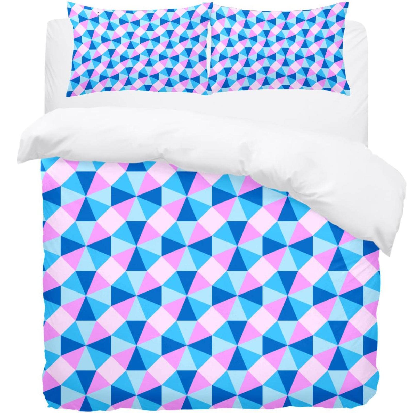 Housse de couette douce et facile d'entretien parure de lit bleu rose motif géométrique