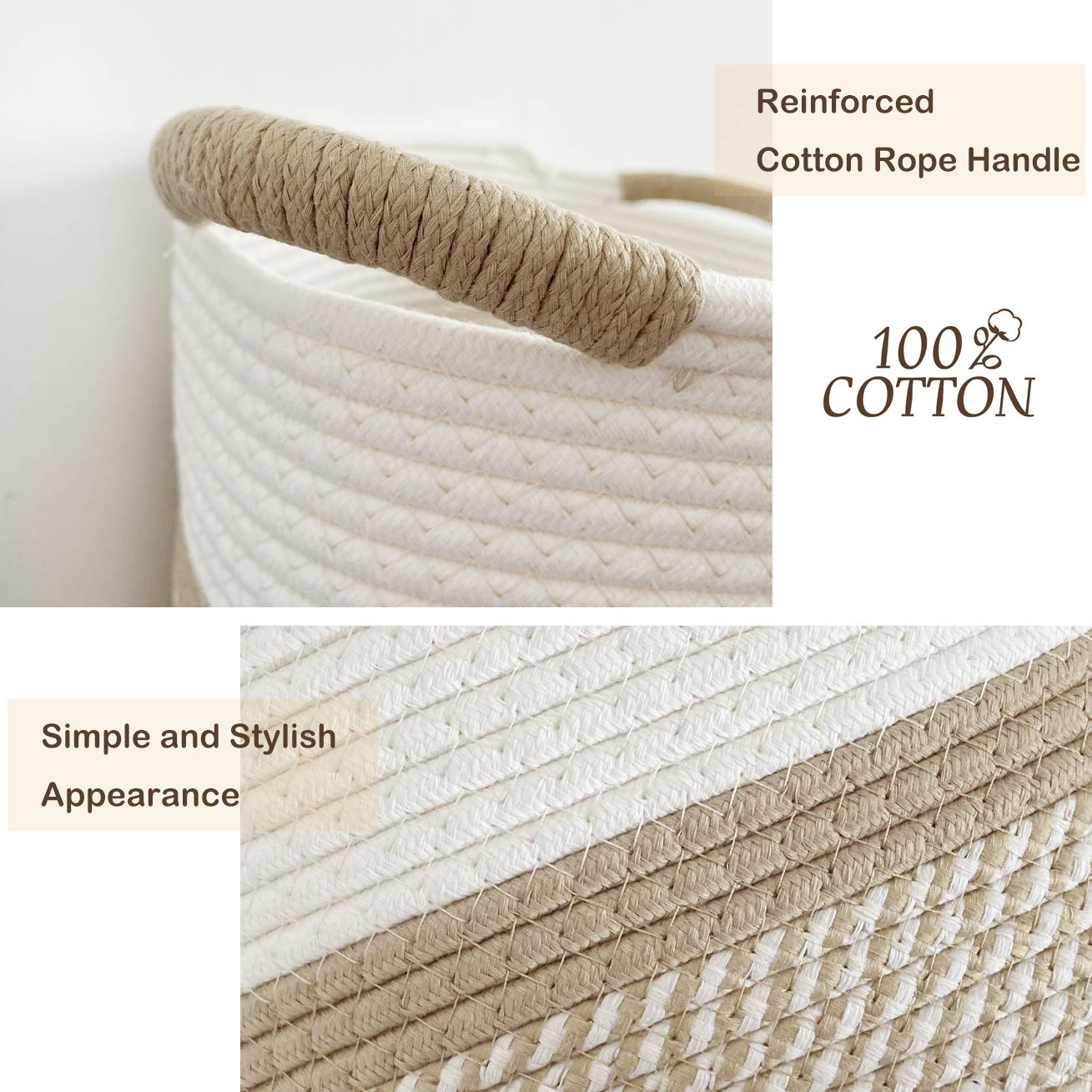 Panier De Rangement En Corde De Coton Naturel - Avec Poignées - 38 X 25,4 X 23 Cm - Blanc Et Gris - Pour Linge, Jouets, Déco - 4