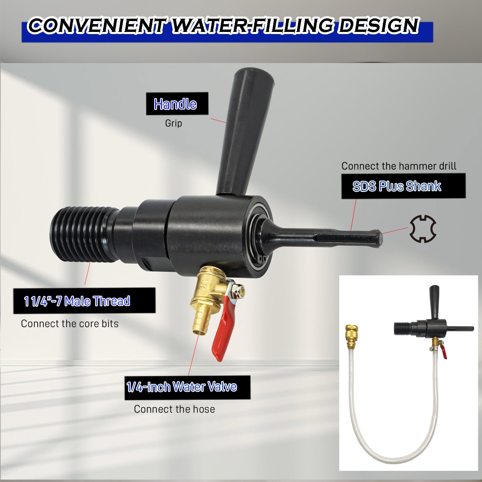 Adaptador de taladro de núcleo abor SDS Plus de 1 1/10.2 cm-7 macho a SDS Plus, capacidad de inyección de agua, incluye conector rápido de manguera de latón macizo y manguera, compatible con