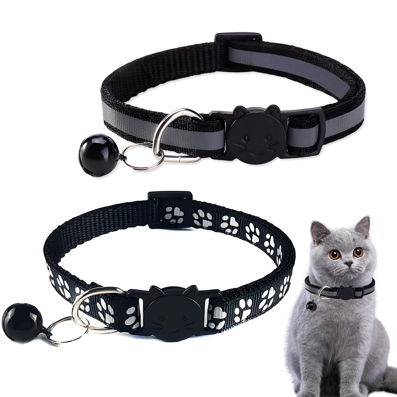 2Pcs Cat Collars with Bell and Safety Release, Safe Quick Release Cat Collar Reflective Design for Night Visibility Adjustable (Black)