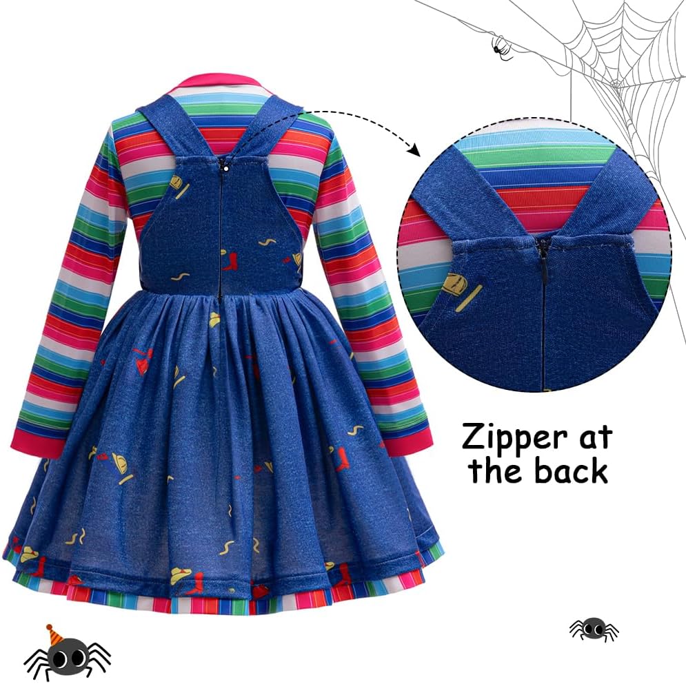 Girls Halloween Killer Doll Costume for Kids Creepy Killer Doll Dress Toddler Horror Movie Cosplay Outfits Set 4PCS