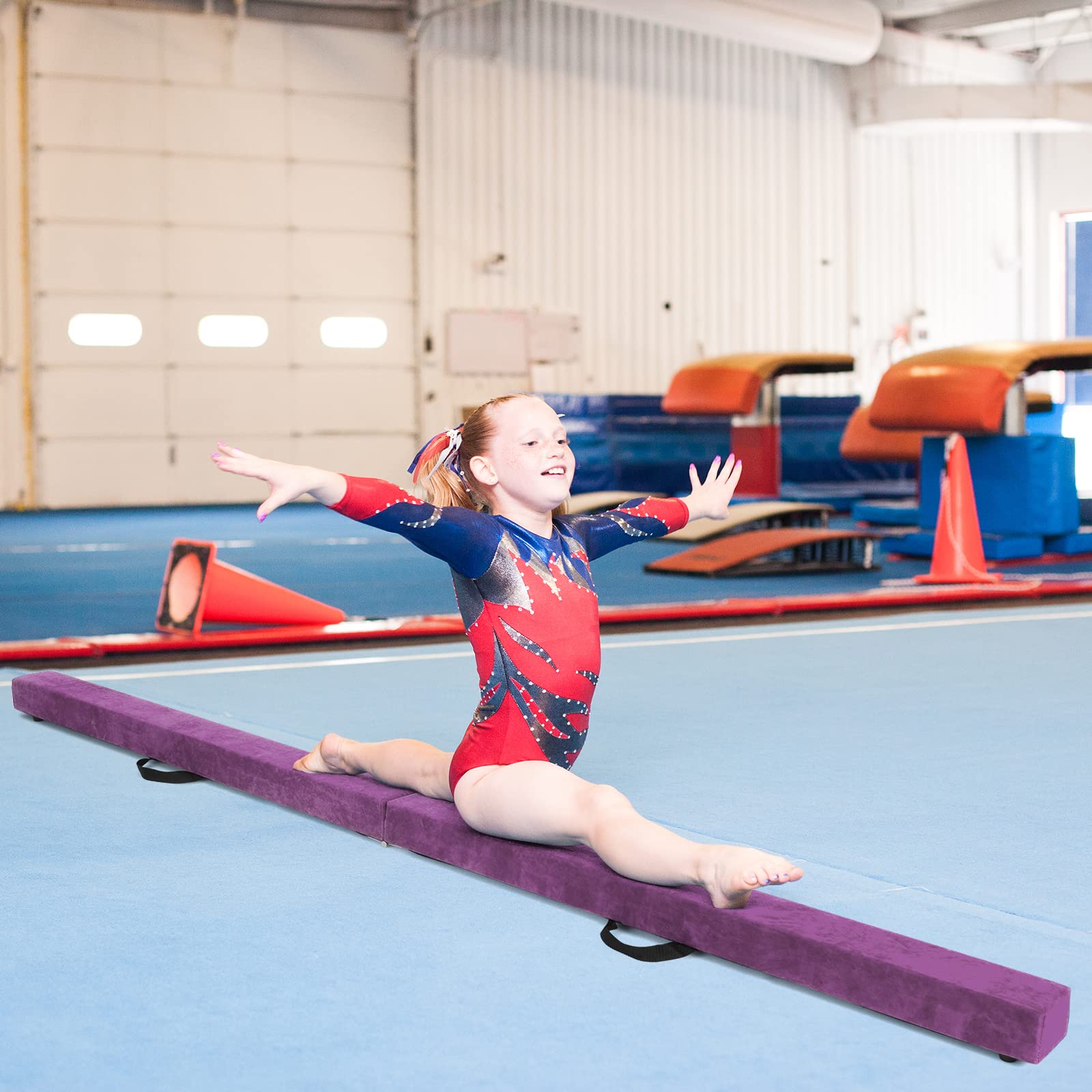 COSTWAY Poutre de Gymnastique Pliable, Barre de Gymnastique au Sol Portable en Mousse avec Housse en Daim Amovible et Fond Antidérapant Poignées, pour Enfants, Gymnastes