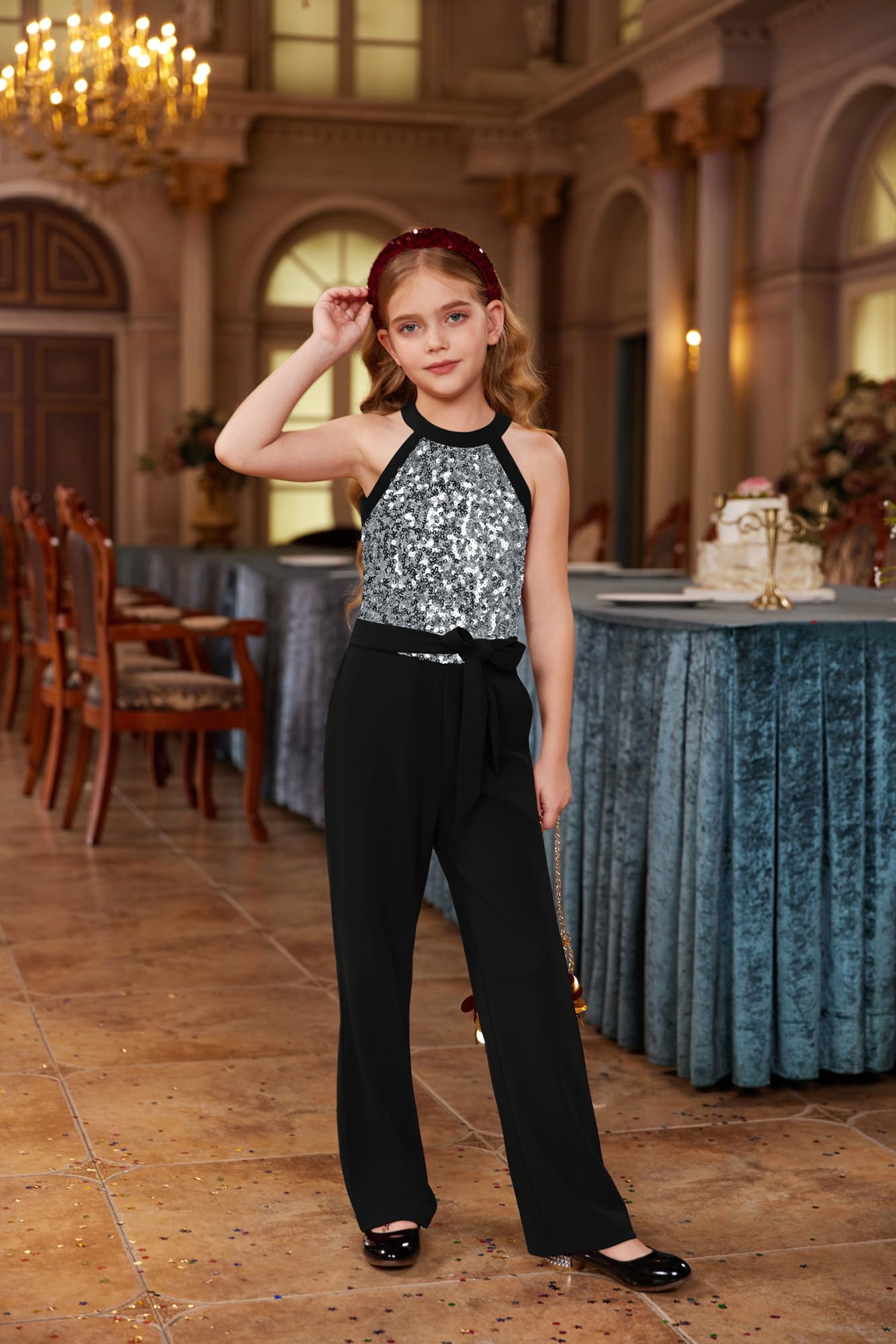 GRACE KARIN Mädchen Pailletten Overall mit Taschen Jazz Dance Disco Party Kostüm Kinder Festliche Kleidung Spielanzug Jumpsuit