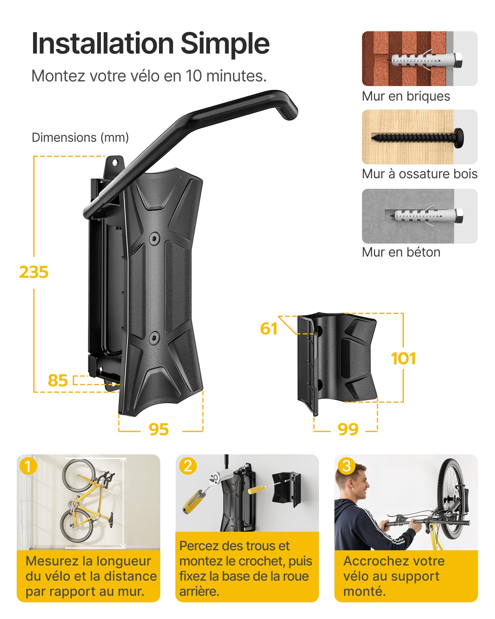 monTEK Lot de 4 Crochets Vélo Mural Pivotant,Pneus 4,5",Charge Max 35Kg | Supports de Cintre de Vélo Muraux, Crochet Mural pour VTT, Vélo de Route,Résistant aux rayures,Optimiser l'espace