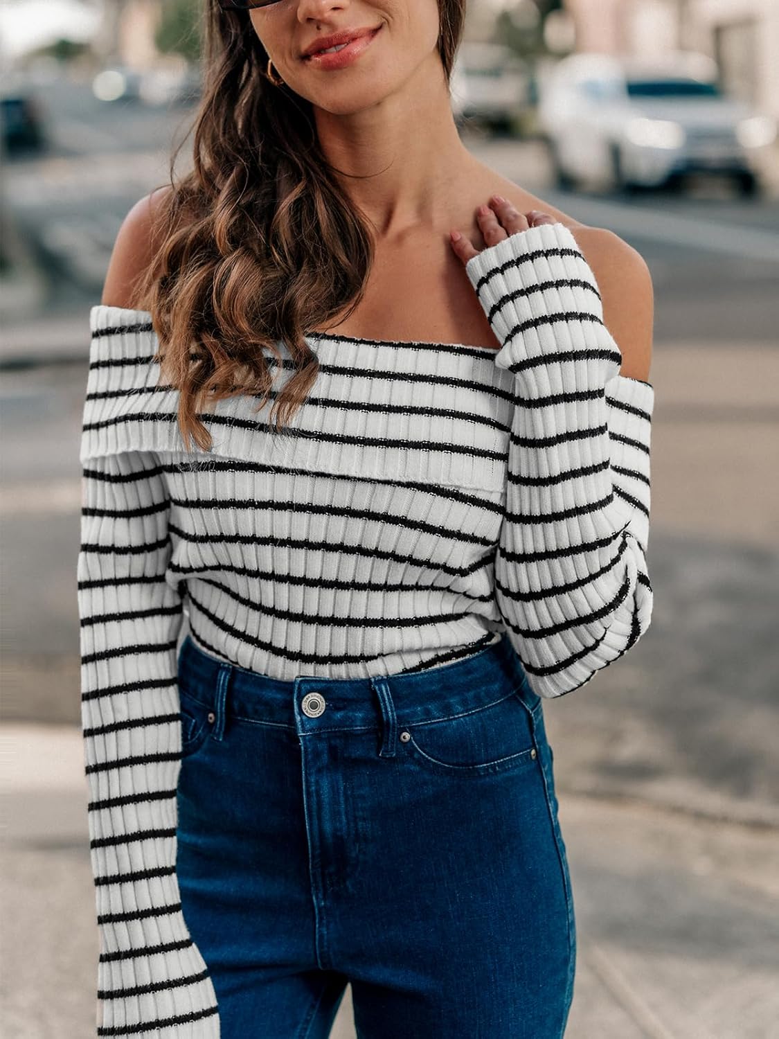 CUPSHE Women's Long Sleeve Sweater 2024 Fall Off The Shoulder Striped Sweater Tops - Image 5