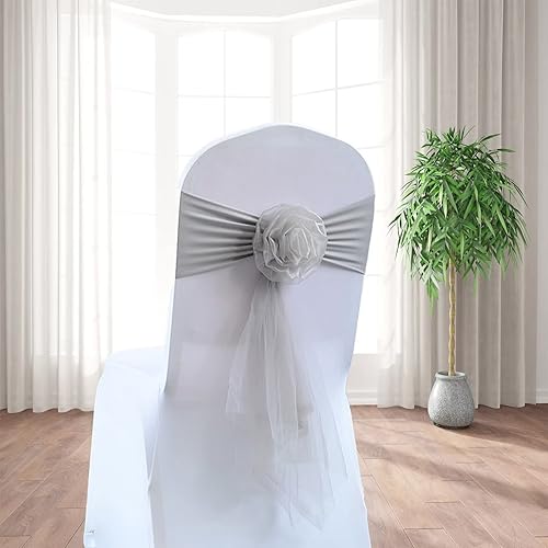 Vista 29 de Paquete de 6 bandas elásticas de elastano para silla, cinta de organza floral para boda, fiesta, cumpleaños, baile, fiesta, celebración, decoración