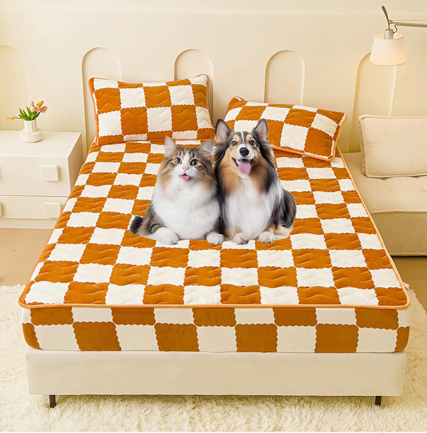 Milk Velvet Checkered Fitted Sheet,Mattress Cover King Warm Thicken Mattress Protector,Luxury Fuzzy Flannel Fluffy Mattress Twin Bed Non-Slip Protector, 47.2 * 78.7in, Orange