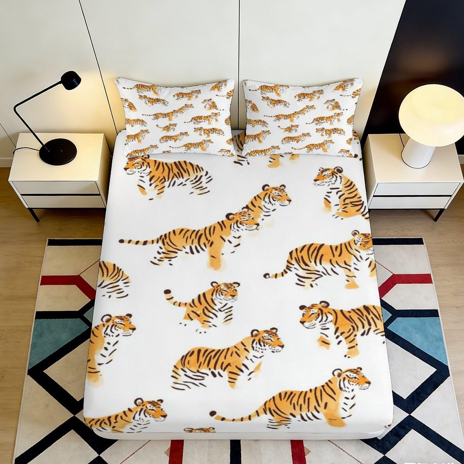 Decor Tiger Pattern Fitted Sheet, 3D Printed, Soft Touch Microfiber, Bed Cover for Bedroom Guest Room, Wrinkle Resistant, Apartment Bedding, 115 chars 90x200x25cm