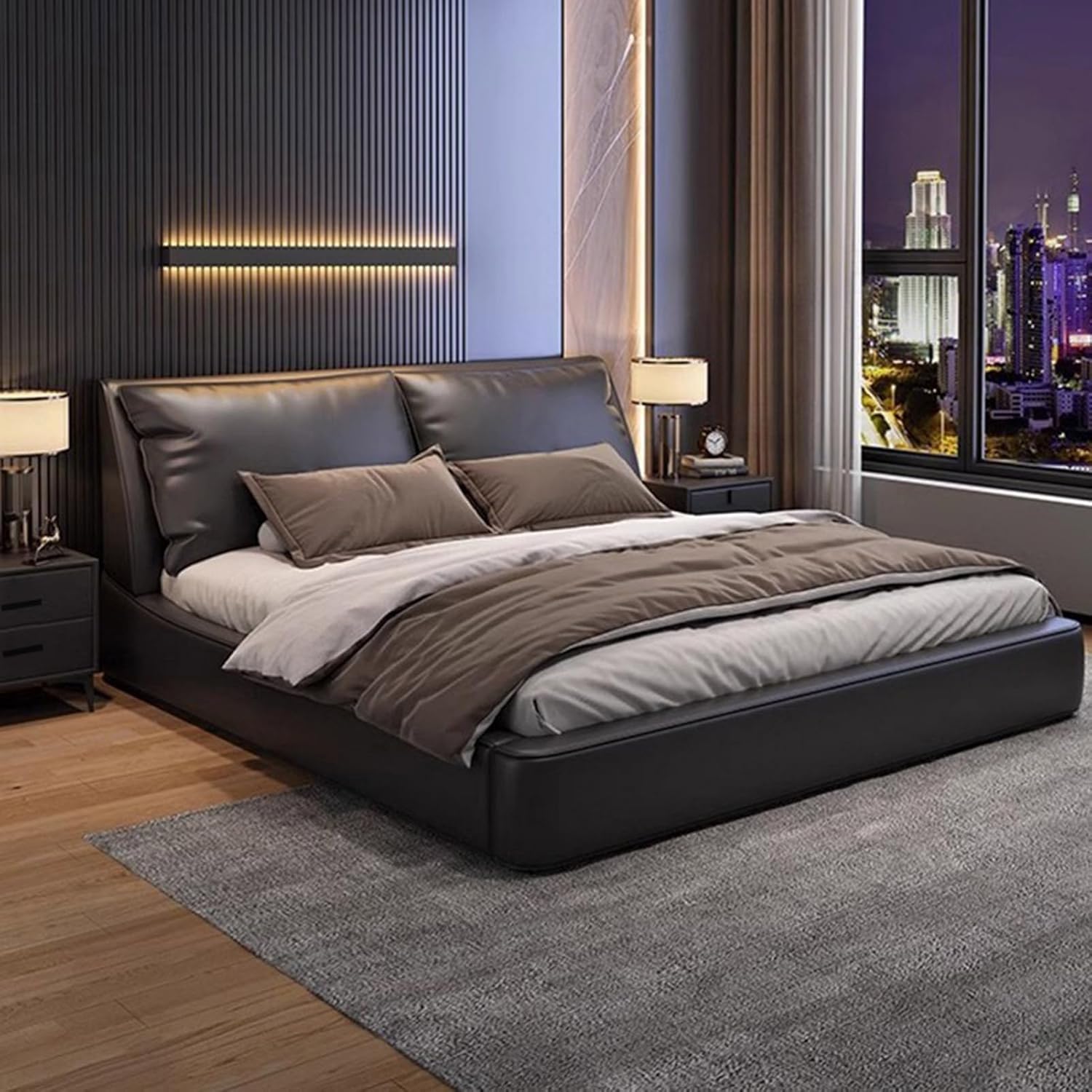 Modern Leather Upholstered Platform Bed Wooden Slats Support with Heavy Duty Wooden Slat Support Noise-Free Black