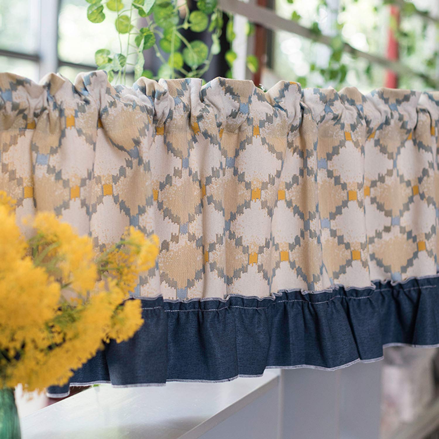 CRYSEU Short Curtains, Geometric Print Blackout Curtain Valance, Denim Blue Bordered Rod Pocket Kitchen Short Curtain(W150xH100cm/W59.1xH39.4inch)