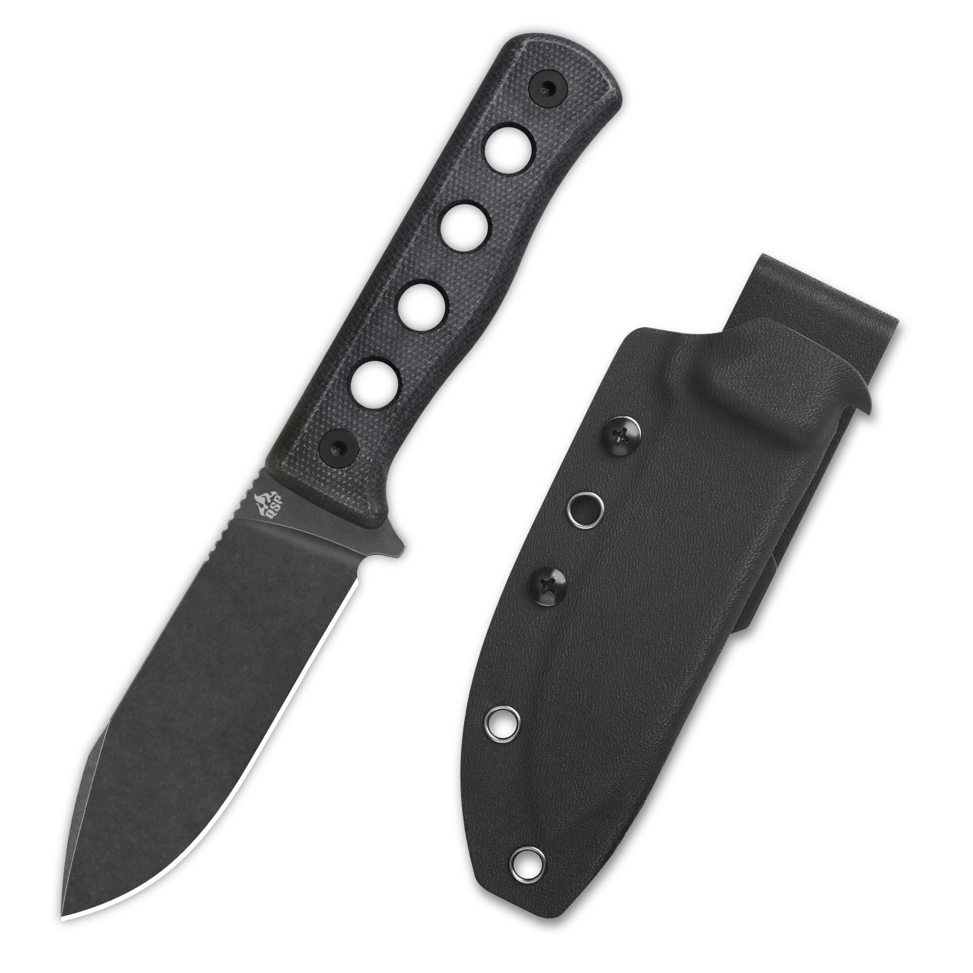 QSP Canary Fixed Blade Knife, 4.25" DC53 Black Stonewash Blade Hunting Knives with Kydex Sheath, Black Micarta Handle EDC Knife for Camping, Outdoor,