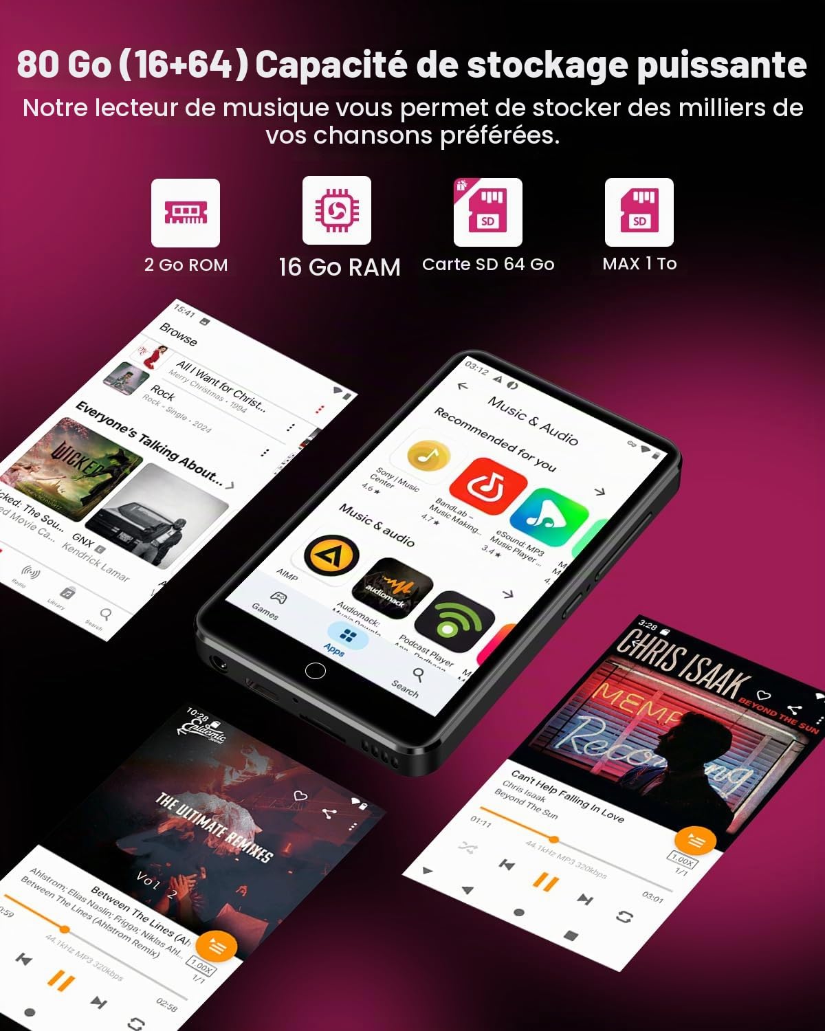 Lecteur MP3 80 Go avec Bluetooth et WiFi, écran Tactile 4 Pouces Lecteur MP3 pour Enfants Haut-Parleur intégré, Lecteur MP4 avec Spotify, Audible, Amazon Music, Deezer, Radio FM, jusqu'à 1To
