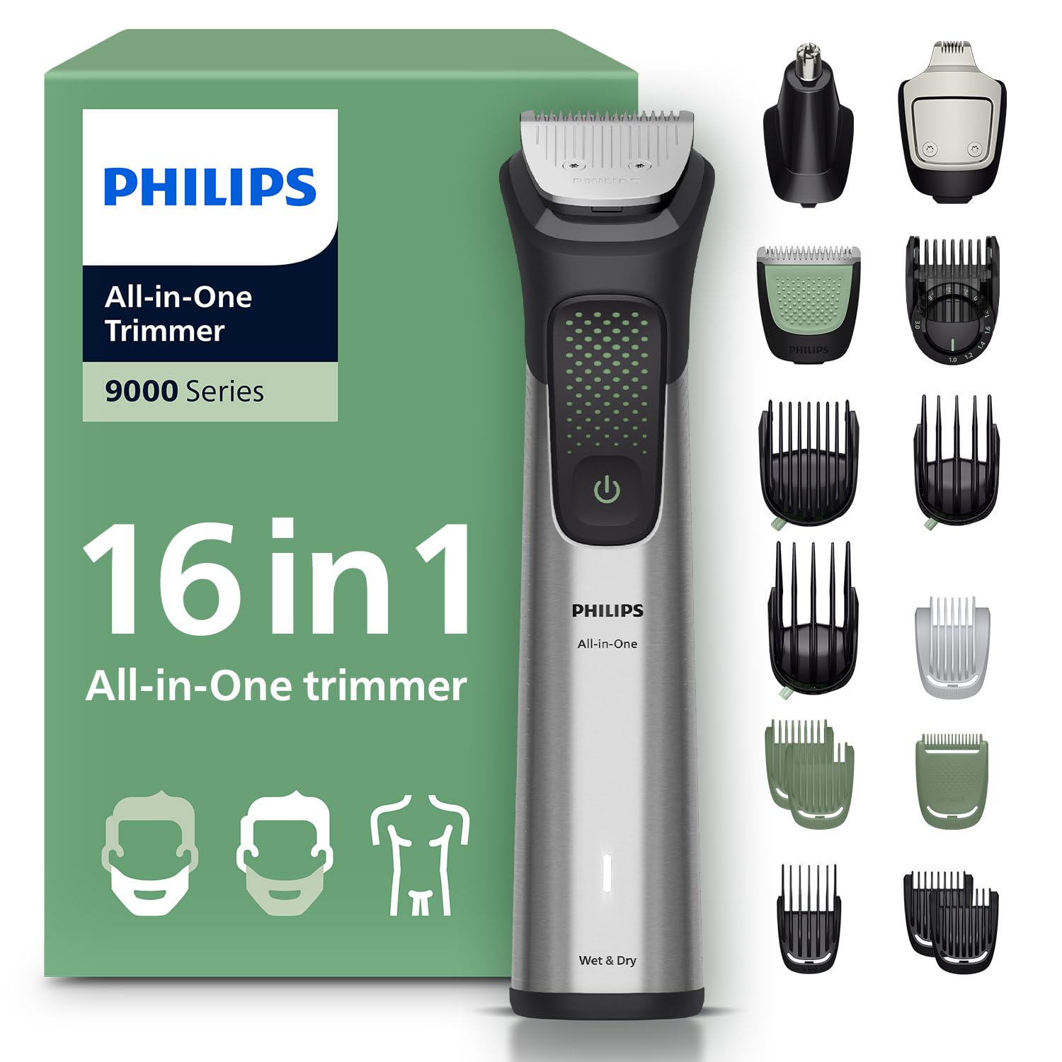Philips 9000 Serisi Erkek Bakım Seti, 16'sı 1 Arada, Yüz Saç ve Vücut için, Su Geçirmez, Şarjlı Tıraş Makinesi, MG9532/15