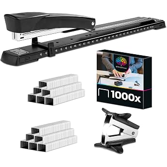 OfficeTree Long Sleeve Stapler - Stapler with 1 Stapler & 1000 Stapler Needles - Long Sleeve Stapler Ideal for Brochures - Large Stapler Long Sleeve Stapler for DIN A3 Paper - Black Stapler with Paper Guide
