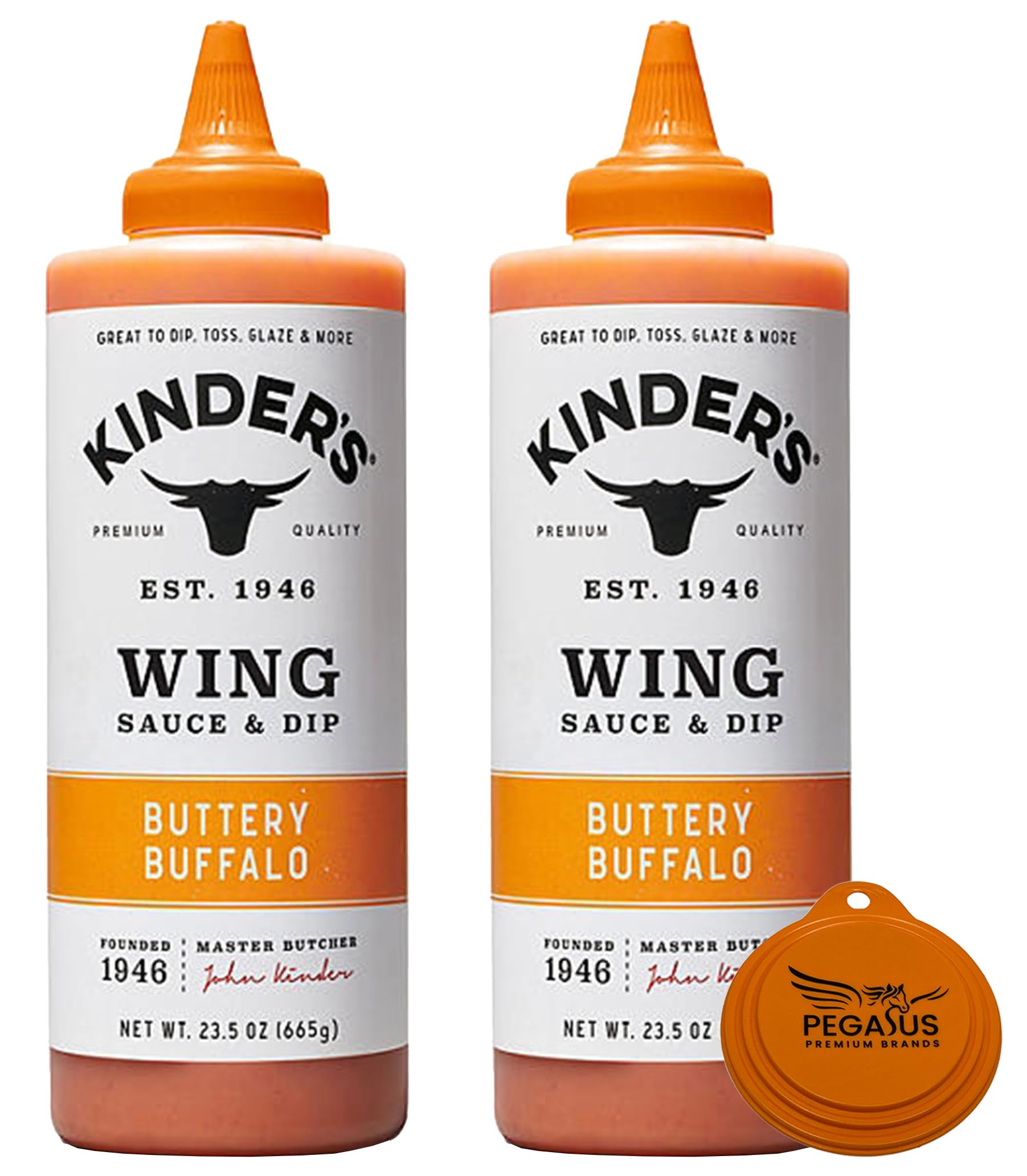 Pegasus Premium Variety Pack - Kinder's Buttery Buffalo Wing Sauce 23.5oz (2-Pack) and Pegasus Premium Brands 3-Step Lid Cover