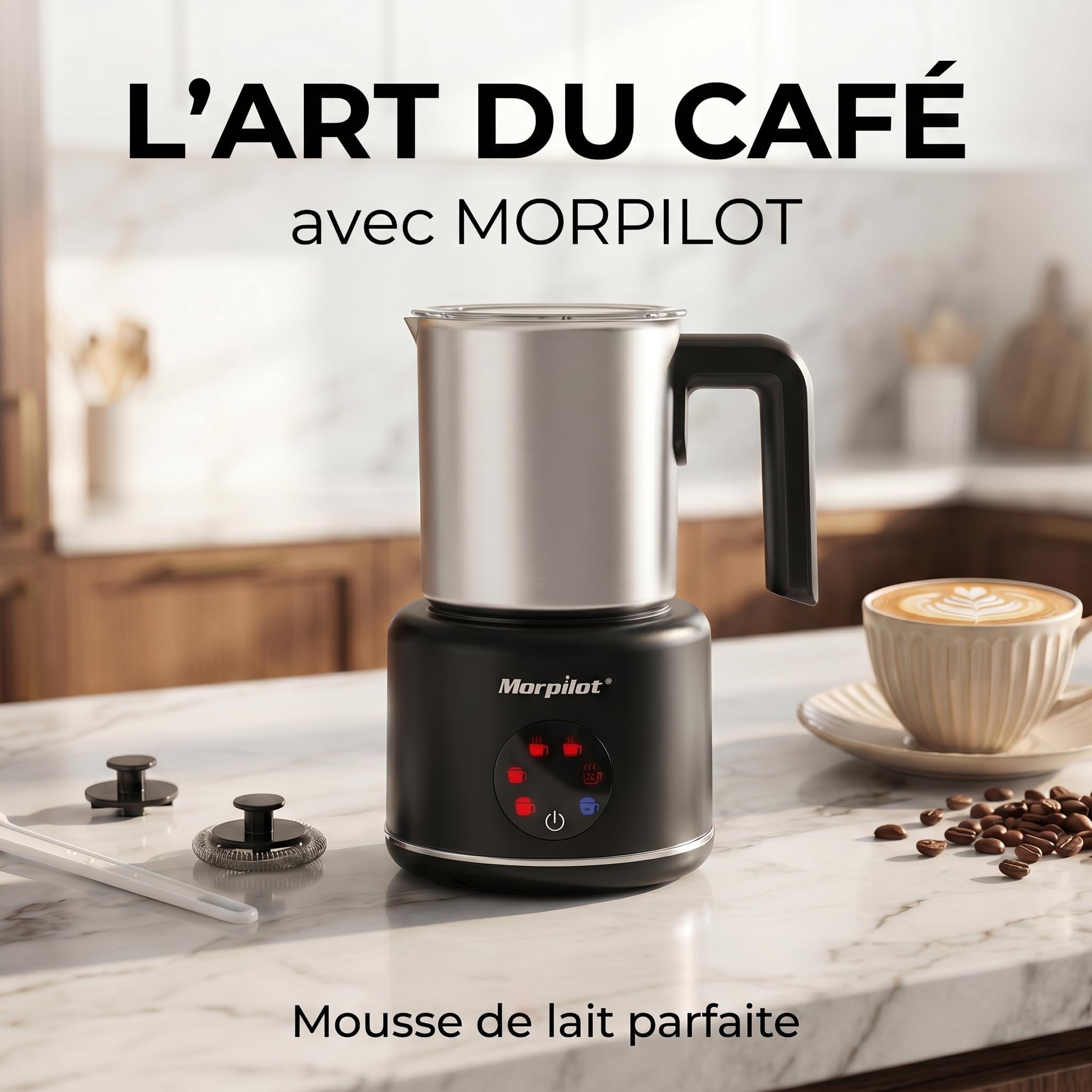 Morpilot Mousseur à Lait Électrique 6 en 1, 500ml 600W à Mousse Chaude Froide, Cacao, Lave-vaisselle Emulsionneur de Lait Divisé en Acier Inoxydable pour Cappuccino Macchiato Latte
