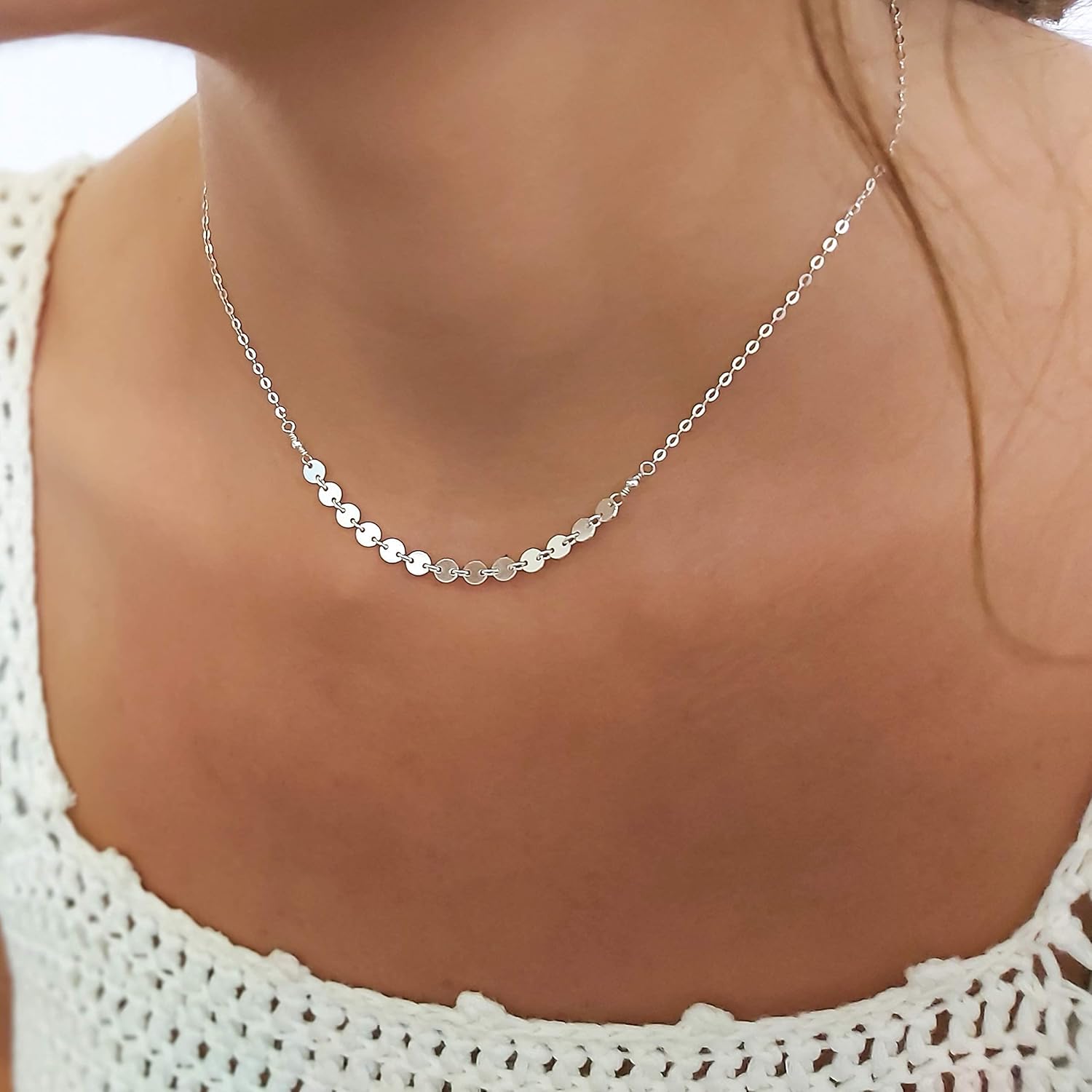 Annika Bella Silver Choker Necklace, Length 13-16 Inches, 925 Sterling Disc Bar Necklace, Waterproof, Handmade Jewelry for Women - Image 2