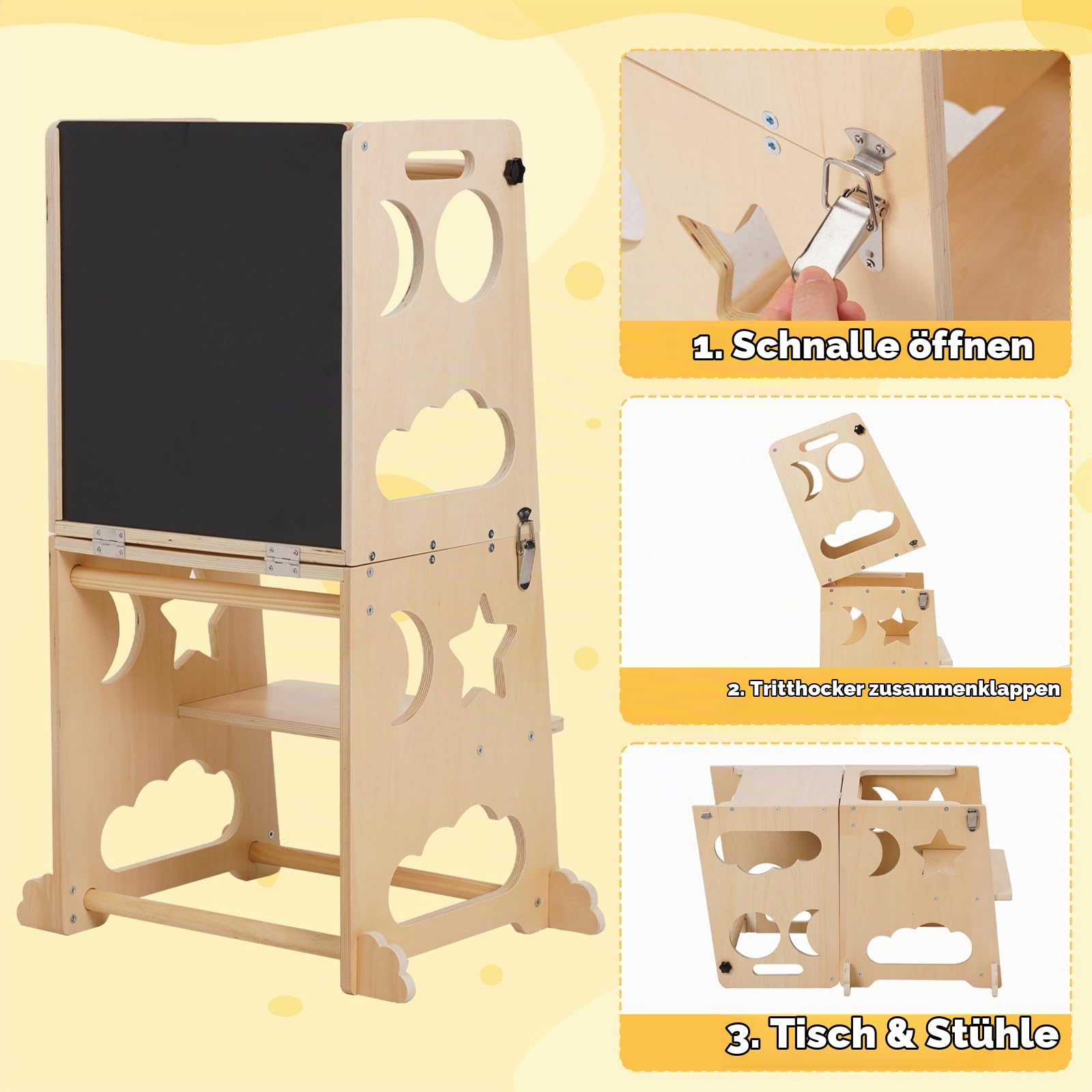 Montessori Lernturm für Kinder, 3 in 1 Learning Tower für Kinder Lernturm Klappbar Tritthocker mit Tafel, Küchenhocker-Helfer für Kinder, für Küchentisch und Badezimmer