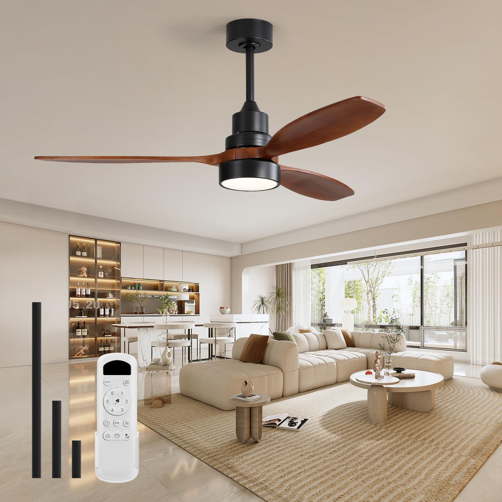 Sofucor Ceiling Fan with Lights, 52 Inch Mordern Wood Ceiling Fan with Remote for Indoor Farmhouse Bedroom Living Room Outdoor Patio Porch, Reversible DC Motor, Noiseless