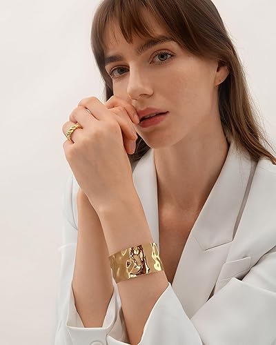 Miniatura 3 de WOWORAMA Brazalete grueso martillado para mujer, estilo vintage, bohemio, ancho, pulsera irregular, brazalete grueso, brazalete dorado y plateado