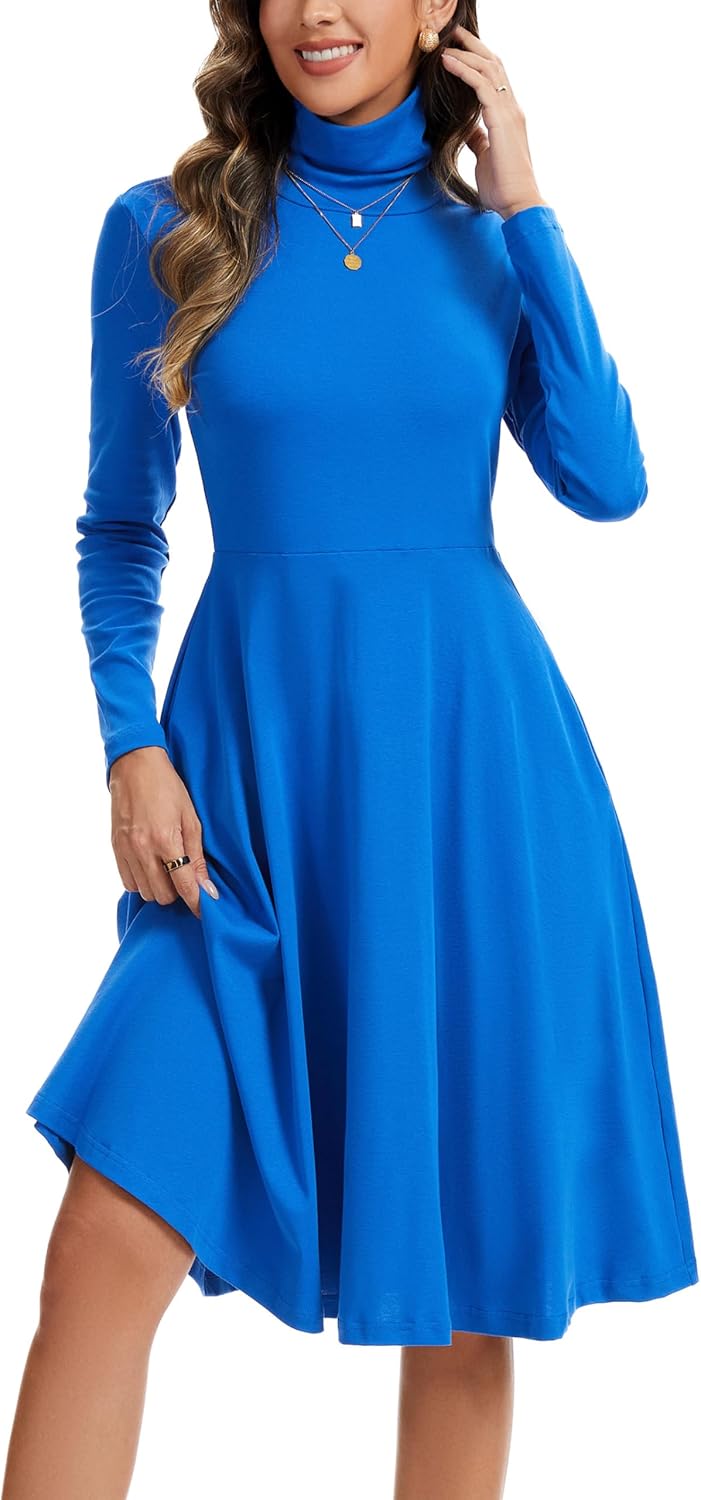 Kormei Women's Long Sleeve Turtleneck Casual Ribbed Knit Loose Tunic Fall Dress A Line Flare Dresses - Image 3