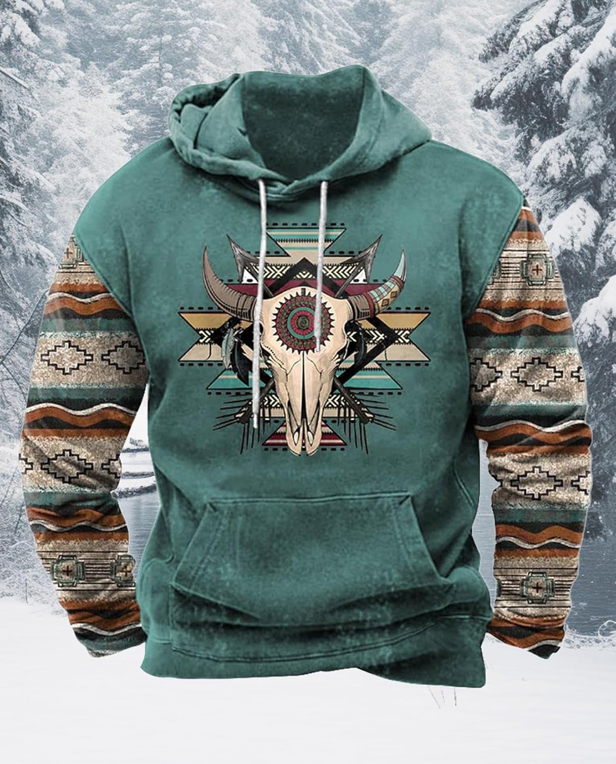 Western Hoodie for Men Aztec Cowboy Printed Drawstring Pullover Hooded Sweatshirt Mens Comfy Fleece Sweatshirt - Image 2