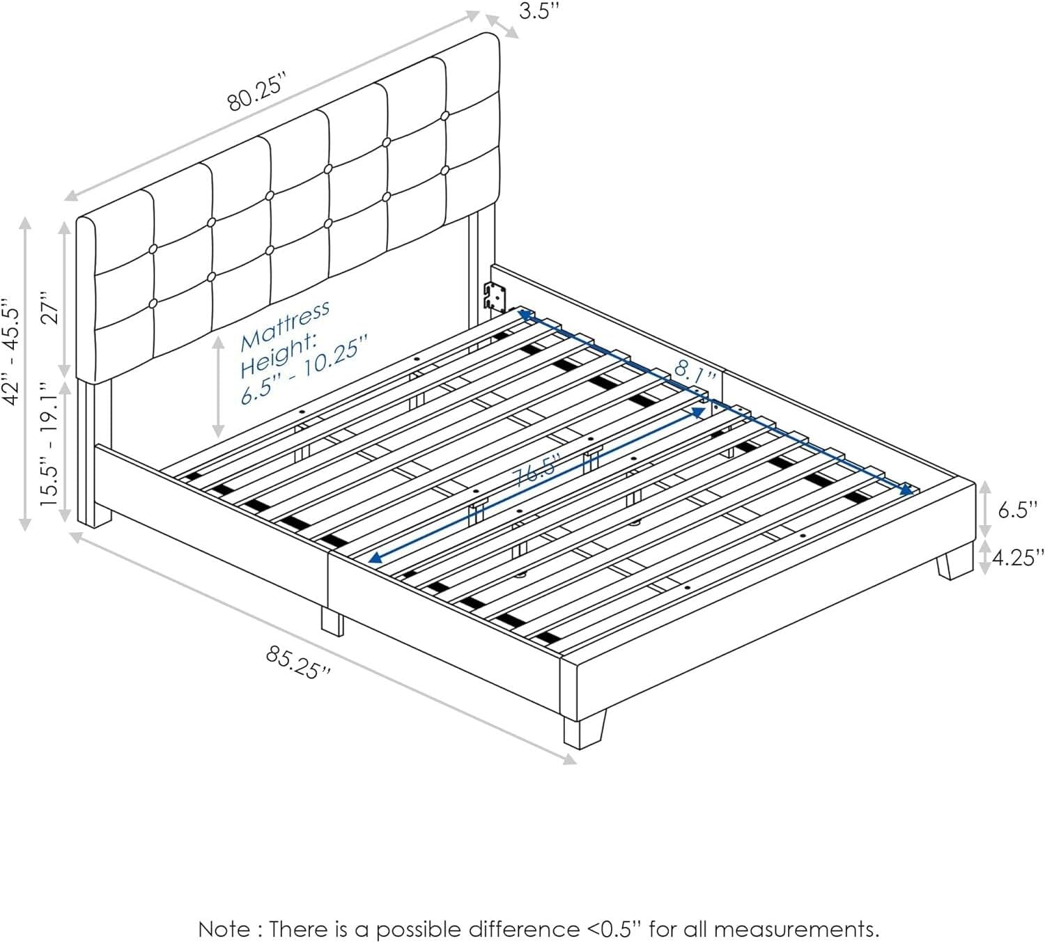 HomeStock Rustic Ranch Button Tufted Bed Frame in Linen with 12 Piece Slat Style, King Size for A Stylish and Comfortable Bedroom Retreat King/Glacier