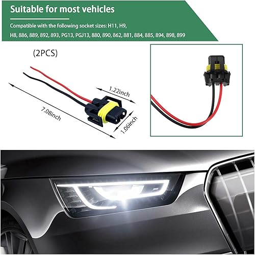 Miniatura 2 de Dickno 2 unidades H8 H9 H11 hembra adaptador de cableado arnés de cables de cable, cable universal para faros delanteros y luces antiniebla,