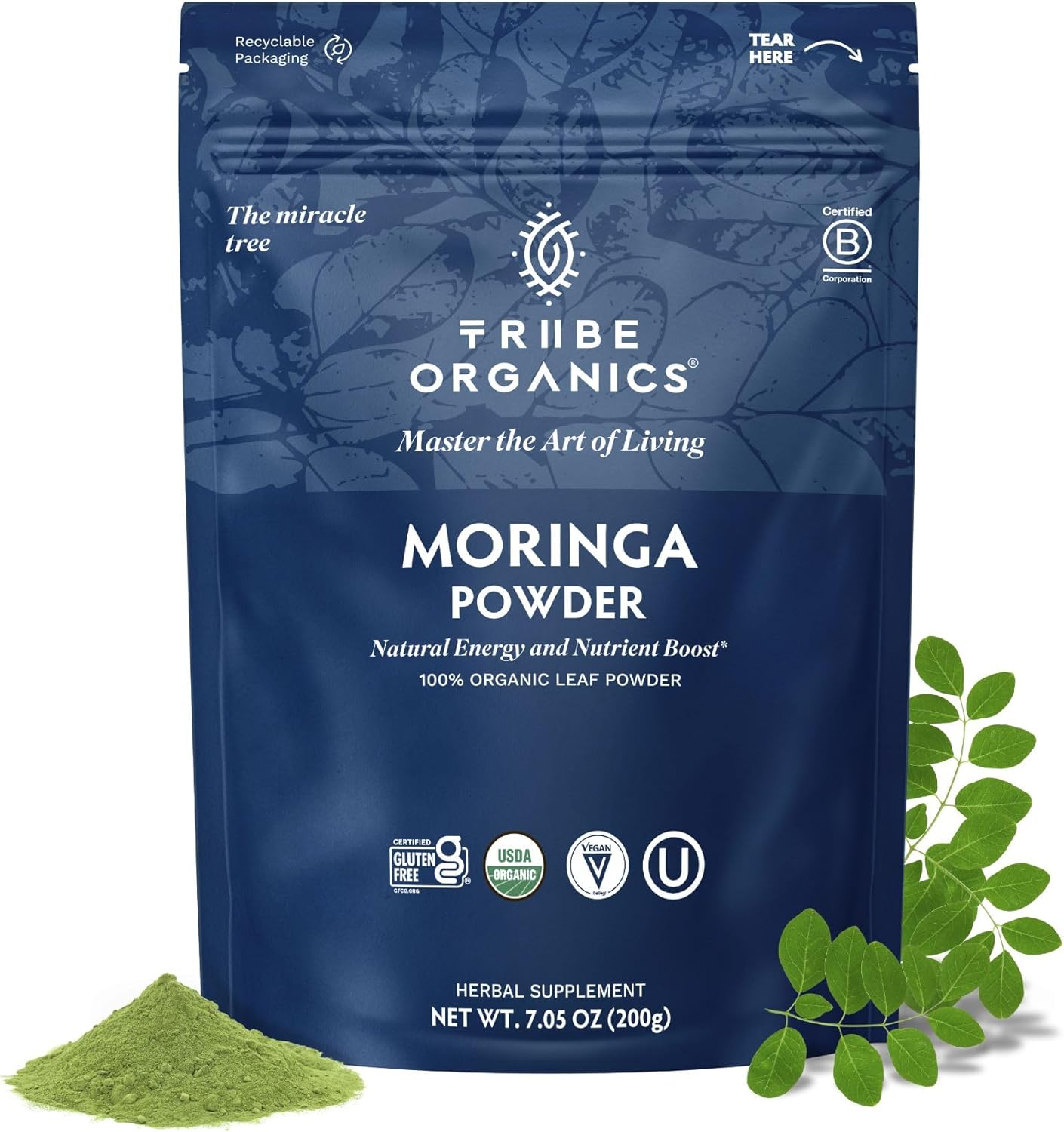 TRIBE ORGANICS Organic Moringa Oleifera Powder for Energy | Joints | Brain Function - High Potency Nutrient Rich Greens Superfood | Natural Leaf Plant Protein | Antioxidant - 200g Pouch