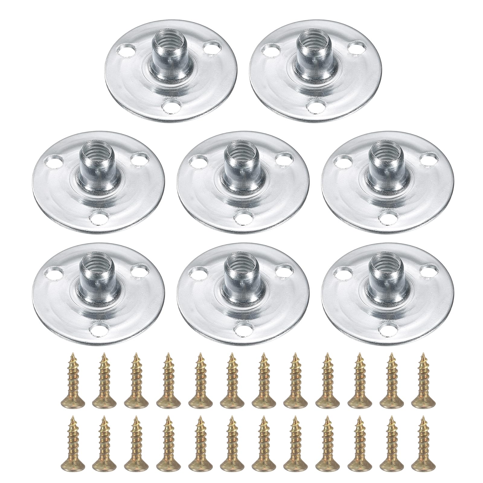 uxcell 8Pcs M6 T-Nuts, Zinc Plated Steel Brad Hole Tee Nut with Screws, 3-Hole Round Base Weld Nuts 11.2mm Height Through Hole Flange Insert Female Thread Plate Nuts, Silver
