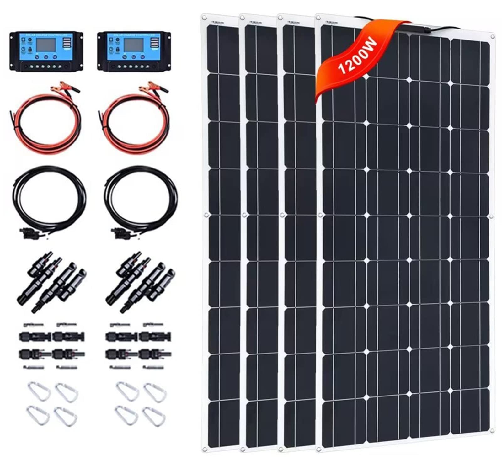 Pannello Solare Flessibile Da 1200 Watt (300 W X 4 Con Accessori) Pannello Solare A Cristallo Singolo 18 V-36 V Per Caravan/Camper/Tetto/Qualsiasi Superficie Irregolare