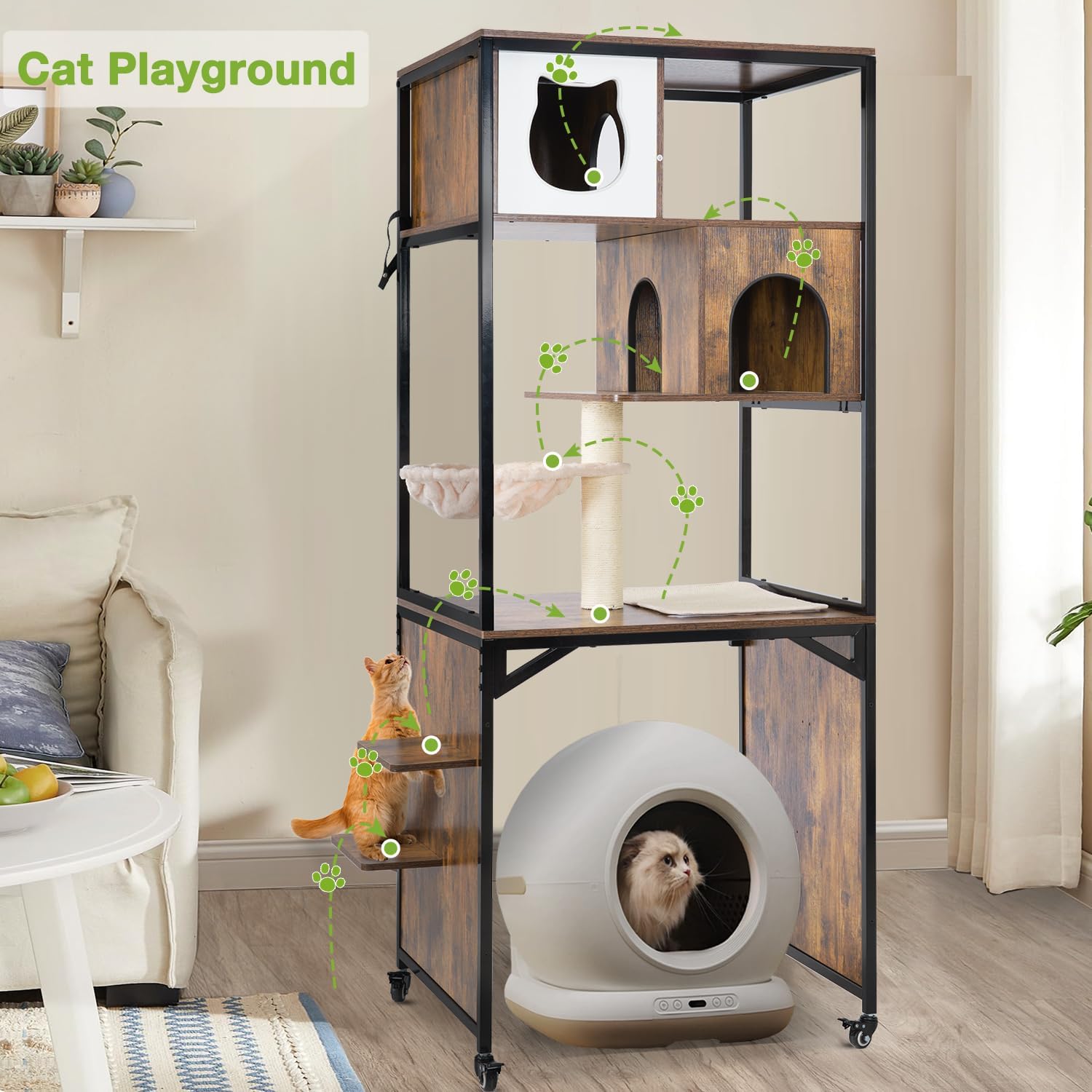 Cat Litter Box Enclosure, Wooden Cat Tree with Hidden Litter Box Enclosure, Indoor Cat House with Condo, Hammock Scratching Mat and Storage Shelves (Dark Brown with Wheel, Medium)