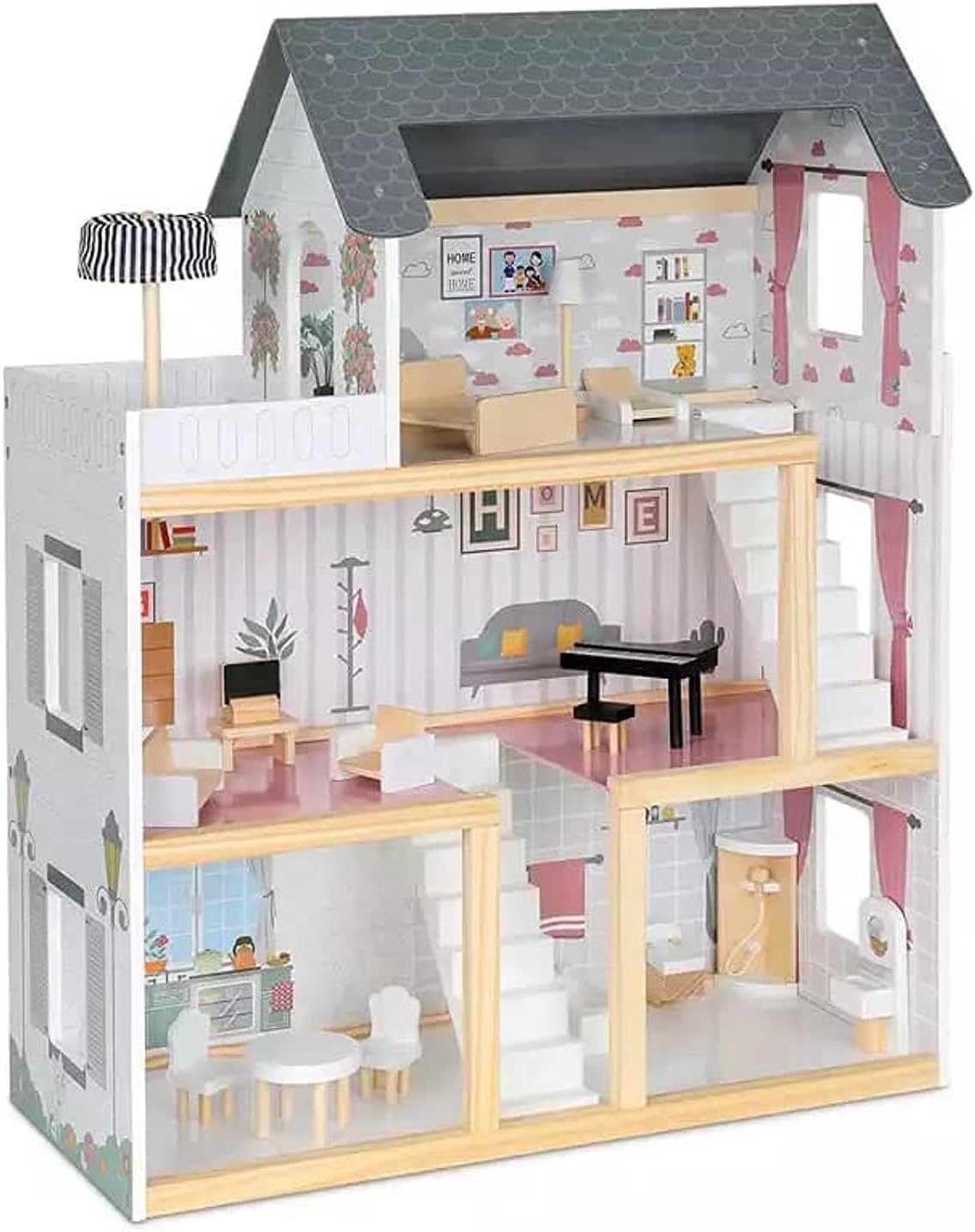 KIDSAVIA® - Big Wooden Dolls House(81cm Tall) with Balcony & Elevator 3 Floors - Dream House Cottage with 20 Pieces of Furniture Accessories 3 Storey Play Set Gift for Ages 3+ (81 * 70cm)