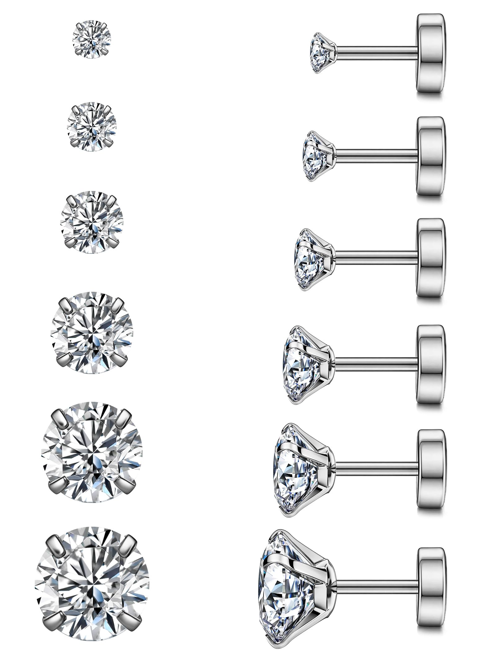 WSSXC 20G Hypoallergenic Flat Back Earrings for Women Men Silver 14K Gold Stainless Steel Stud Earrings Bliss Stone Cubic Zirconia Stud Surgical Steel Cartilage Piercing for Sensitive Ears, 316L-image-8