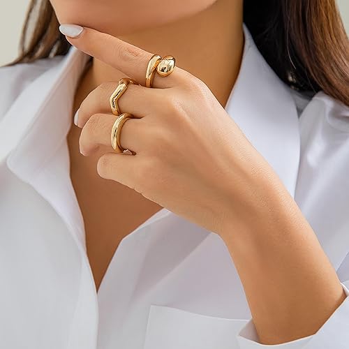Vista 3 de Harry and Henry Anillos gruesos de oro para mujer, no se deslustra, ajustables, gruesos, gruesos, anillos de cúpula, anillos de declaración de oro